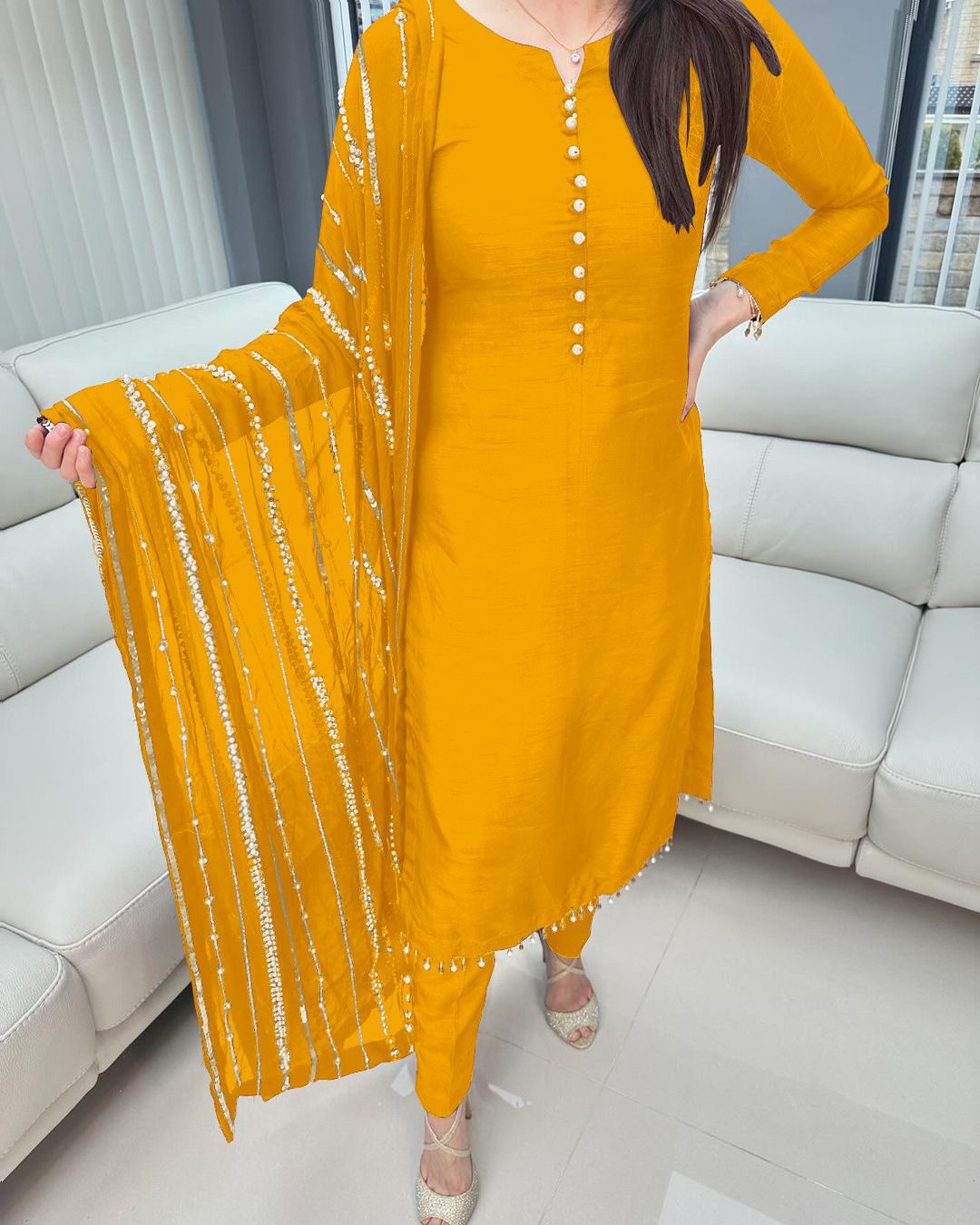 Fashionable Yellow Color Kurti Pant With Work Dupatta