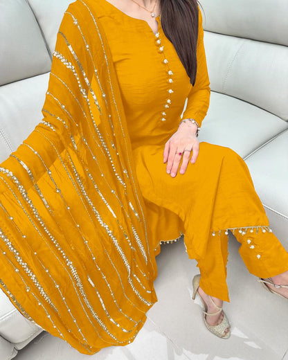 Fashionable Yellow Color Kurti Pant With Work Dupatta