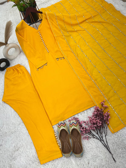 Fashionable Yellow Color Kurti Pant With Work Dupatta