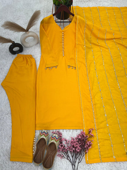 Fashionable Yellow Color Kurti Pant With Work Dupatta