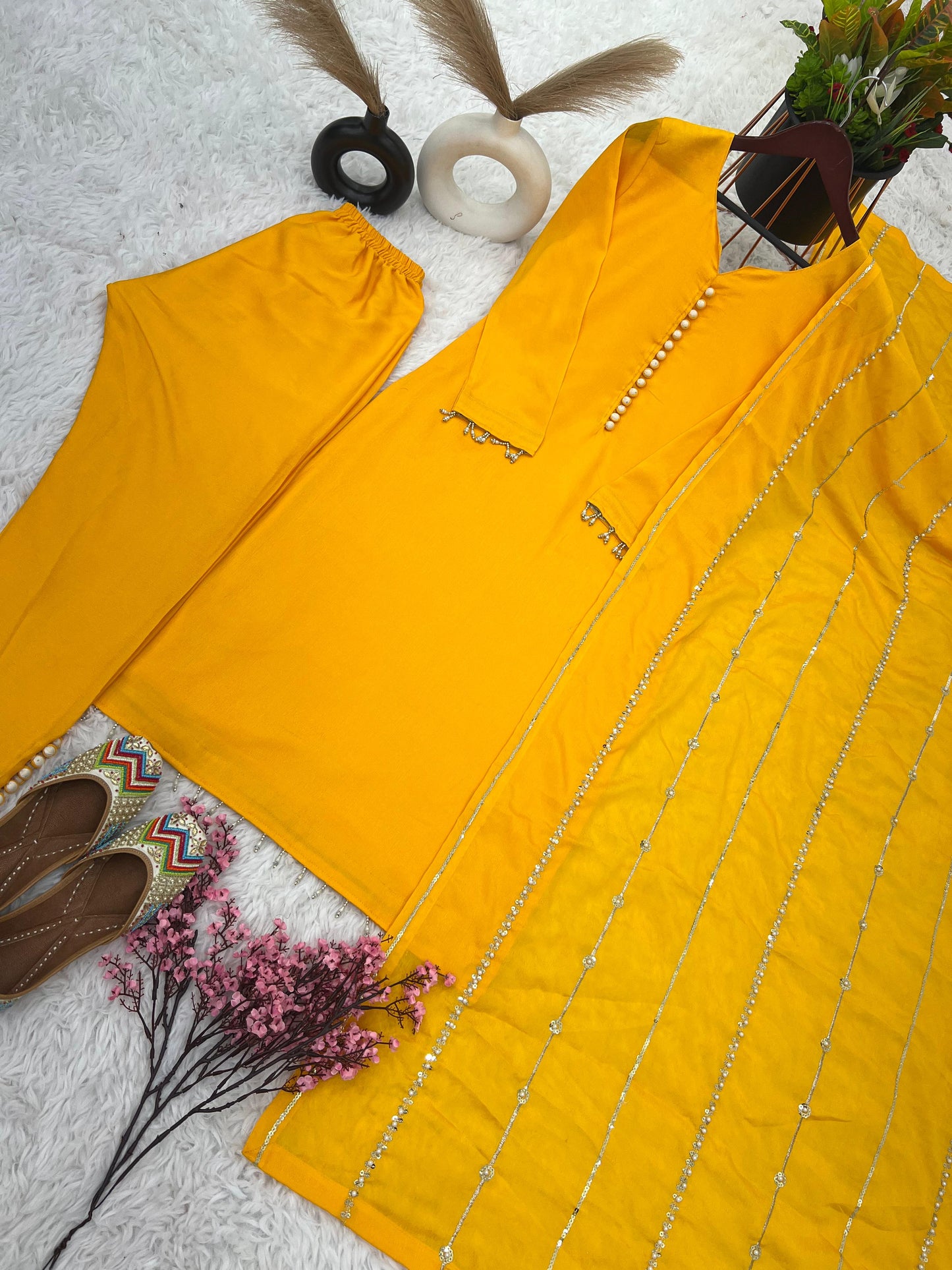 Fashionable Yellow Color Kurti Pant With Work Dupatta