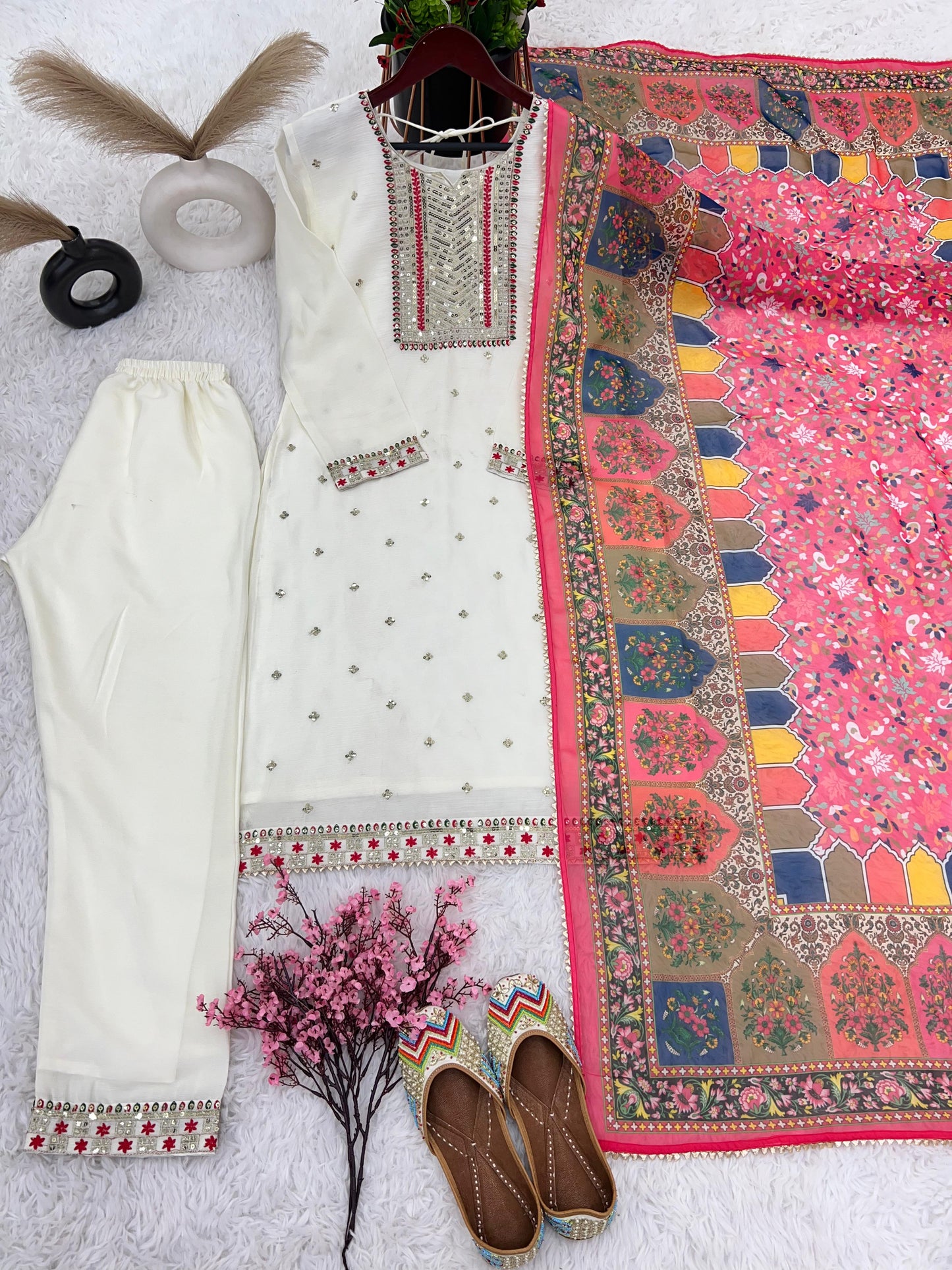 White Color Thread Work Kurti Set With Multi Dupatta