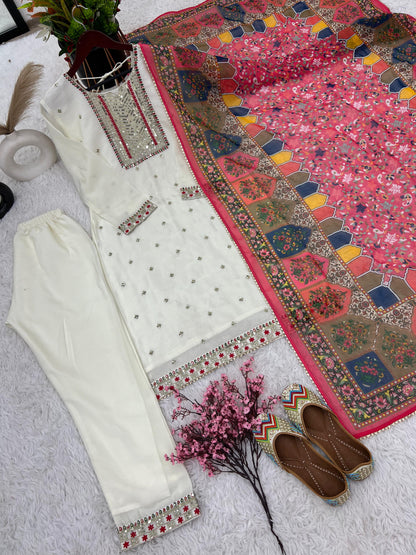 White Color Thread Work Kurti Set With Multi Dupatta