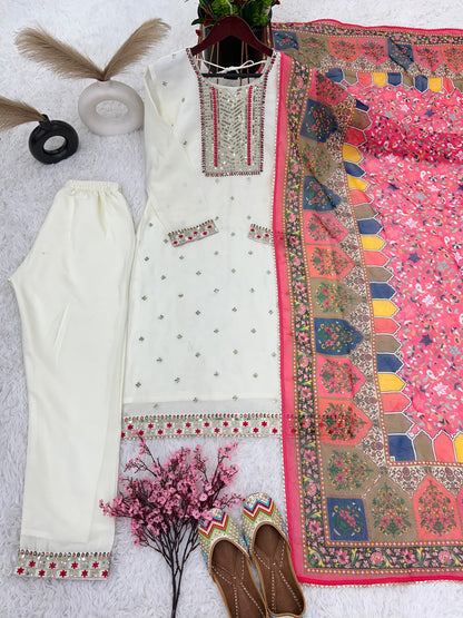 White Color Thread Work Kurti Set With Multi Dupatta