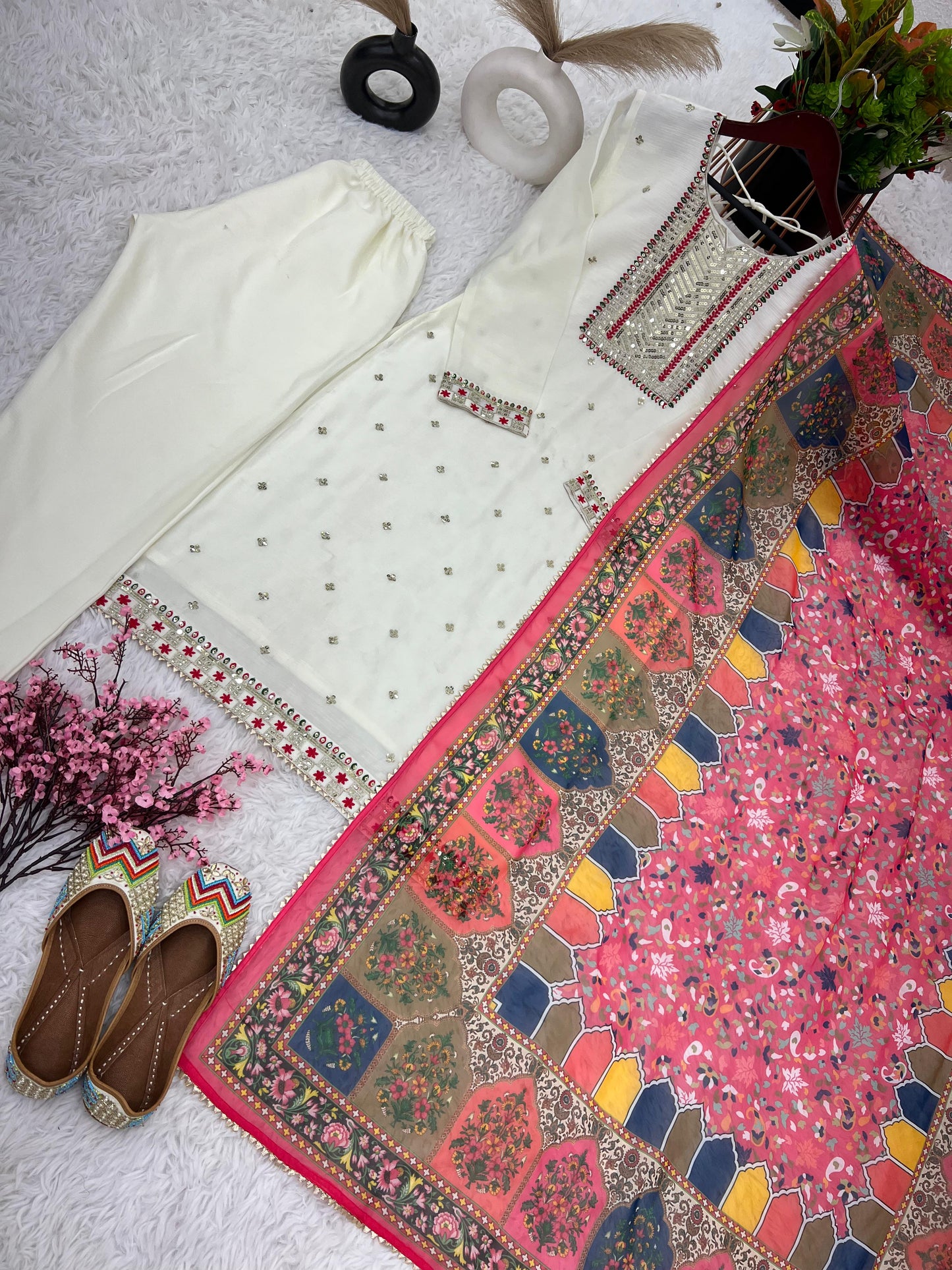 White Color Thread Work Kurti Set With Multi Dupatta