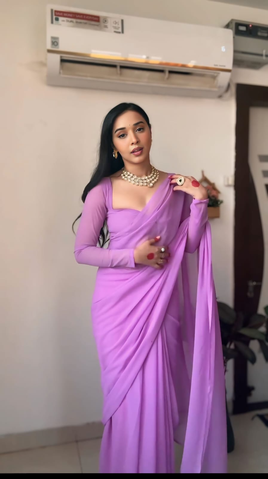 Party Wear Plain Lavender Ready To Wear Saree