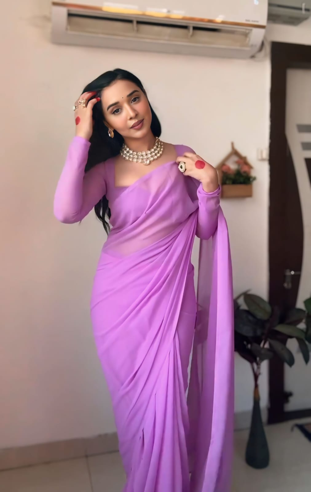 Party Wear Plain Lavender Ready To Wear Saree