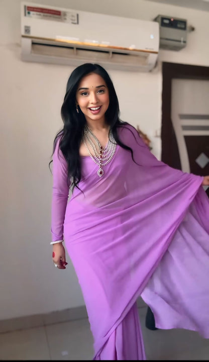 Party Wear Plain Lavender Ready To Wear Saree