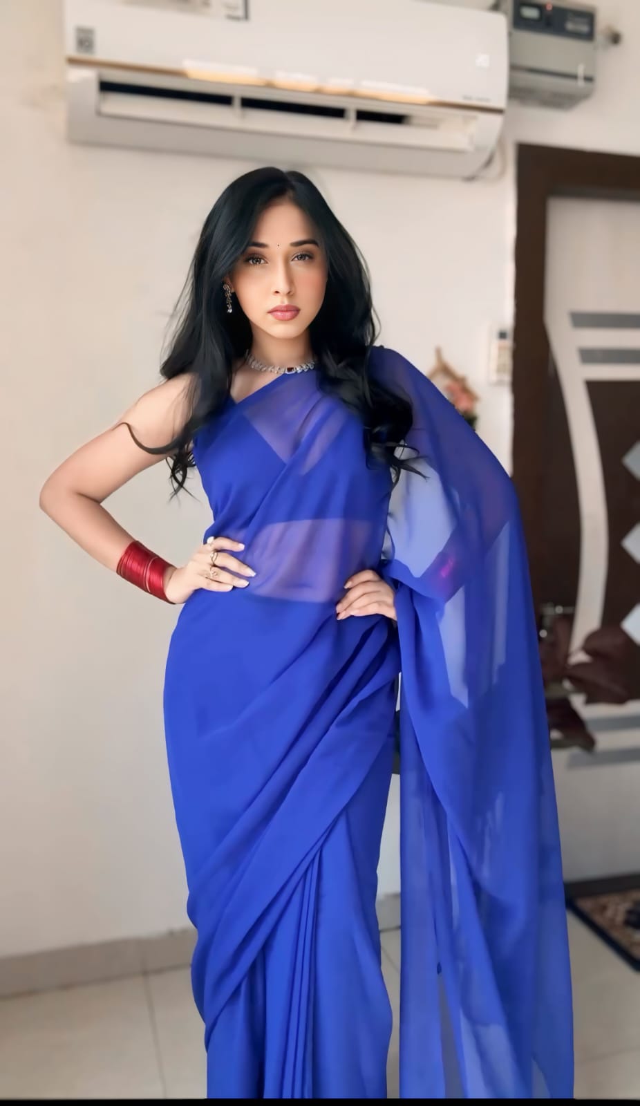 Party Wear Plain Blue Ready To Wear Saree