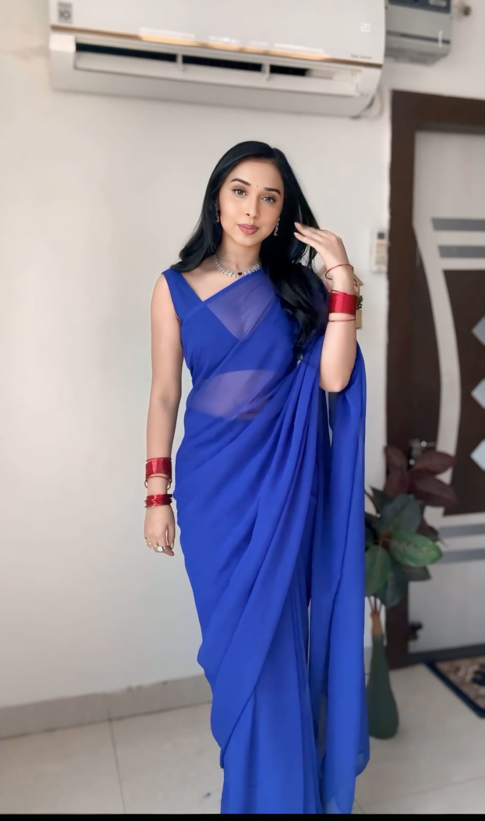 Party Wear Plain Blue Ready To Wear Saree