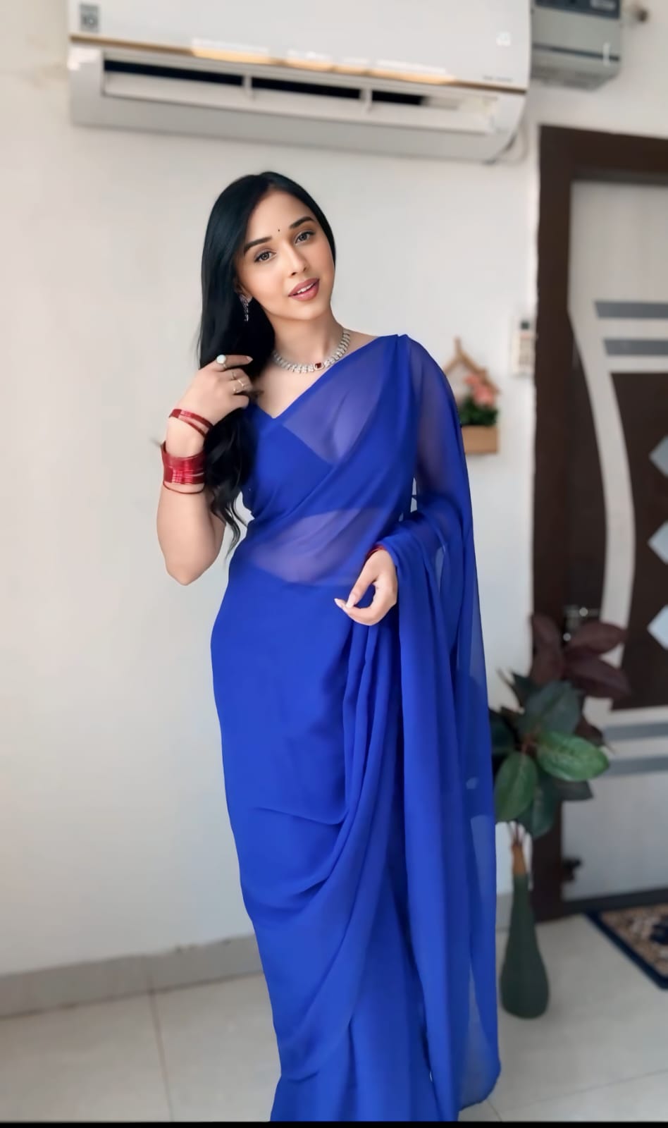 Party Wear Plain Blue Ready To Wear Saree