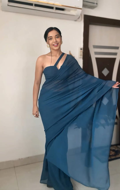 Party Wear Plain Teal Blue Ready To Wear Saree