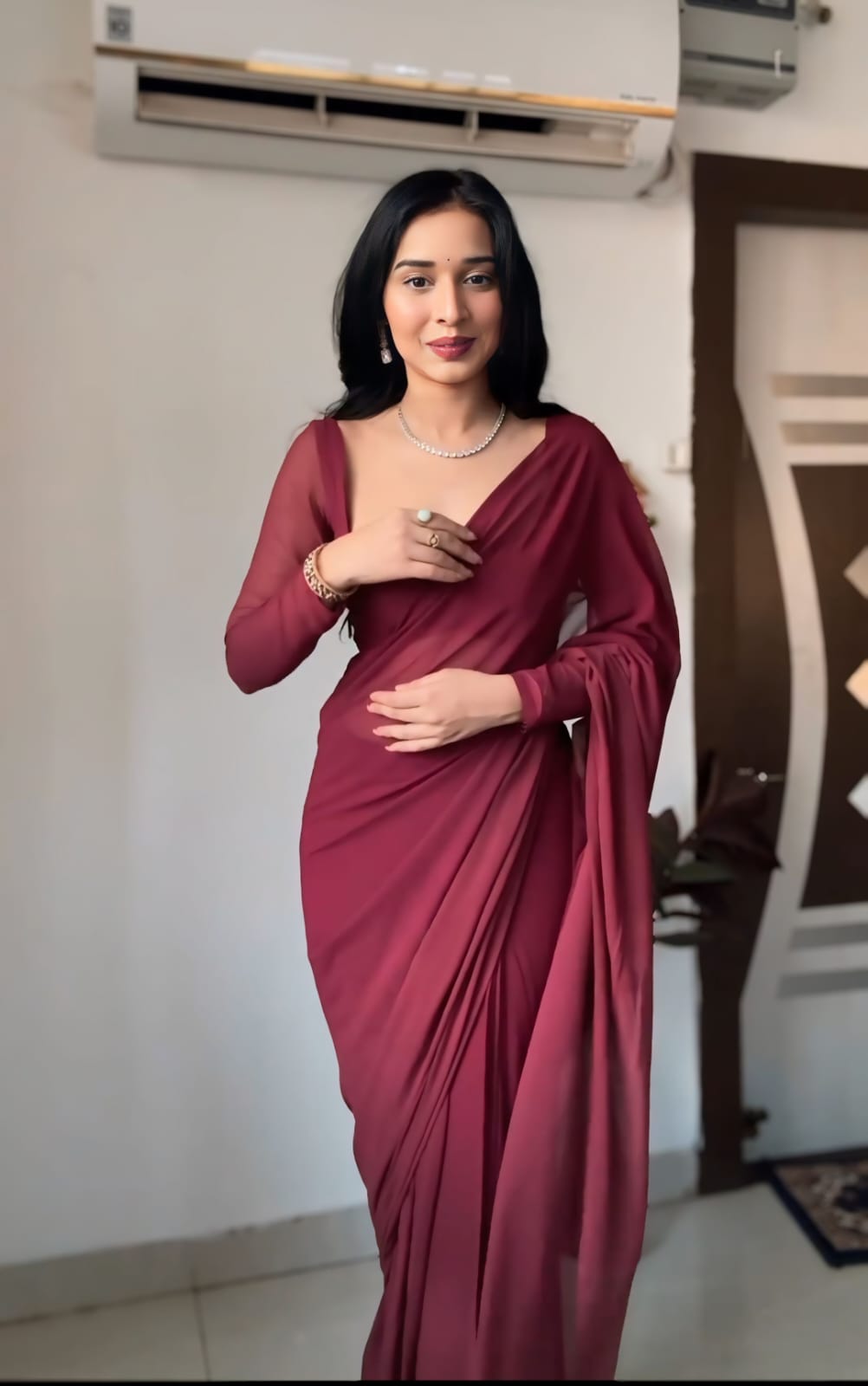 Party Wear Plain Maroon Ready To Wear Saree