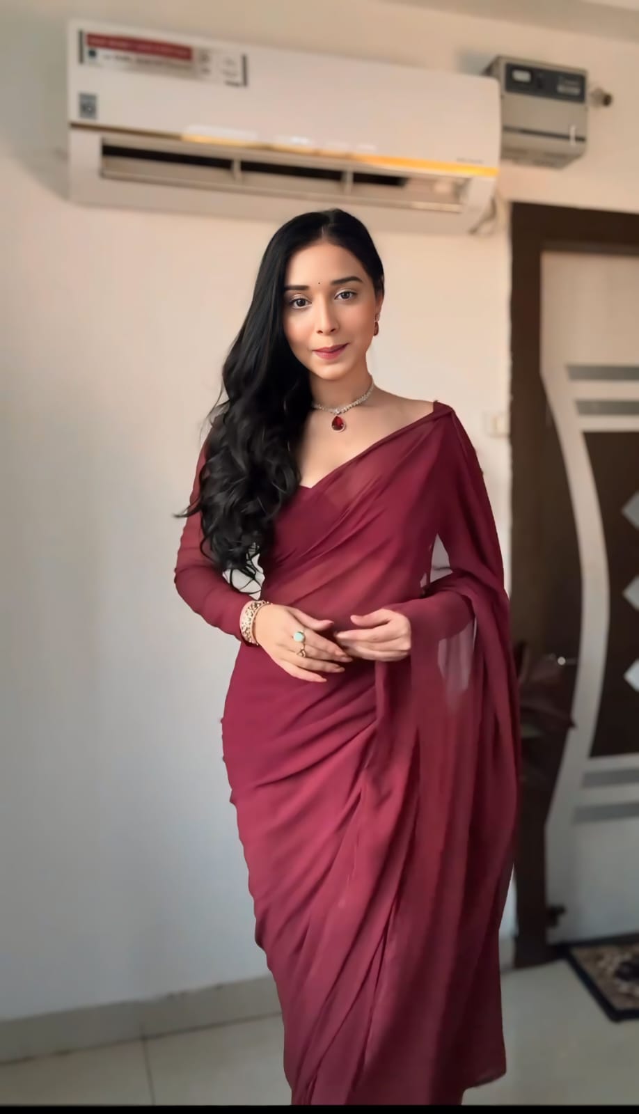 Party Wear Plain Maroon Ready To Wear Saree