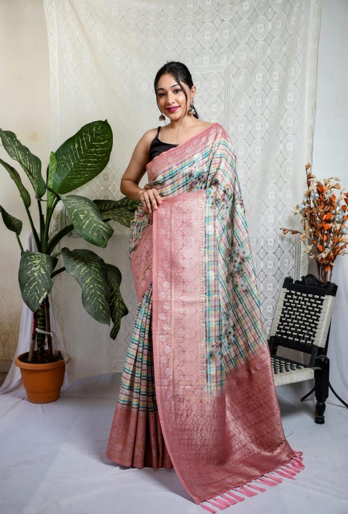 Multi With Pink Border Silver Weaving Silk Saree