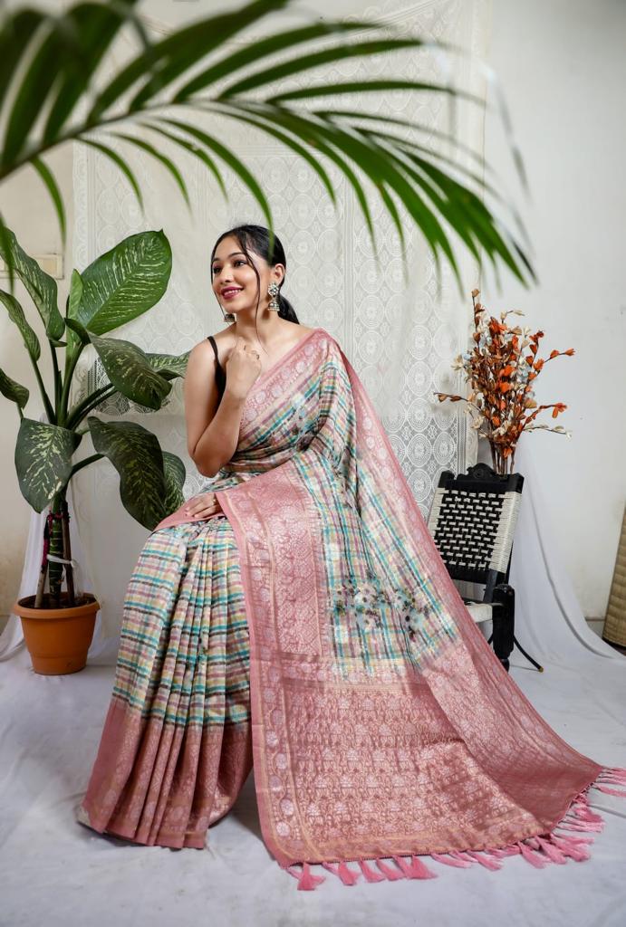 Multi With Pink Border Silver Weaving Silk Saree