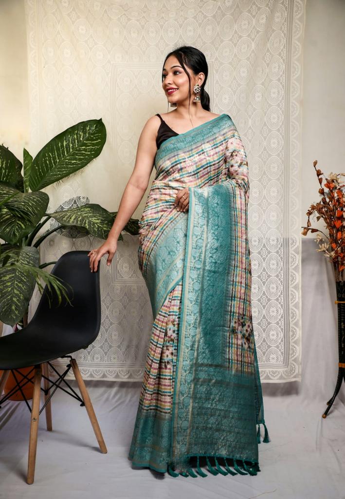 Multi With Sky Blue Border Silver Weaving Silk Saree