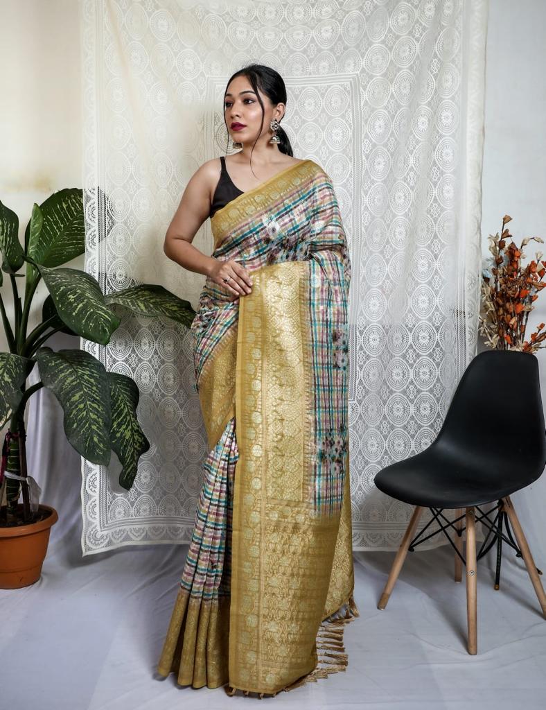 Multi With Mustard Border Silver Weaving Silk Saree