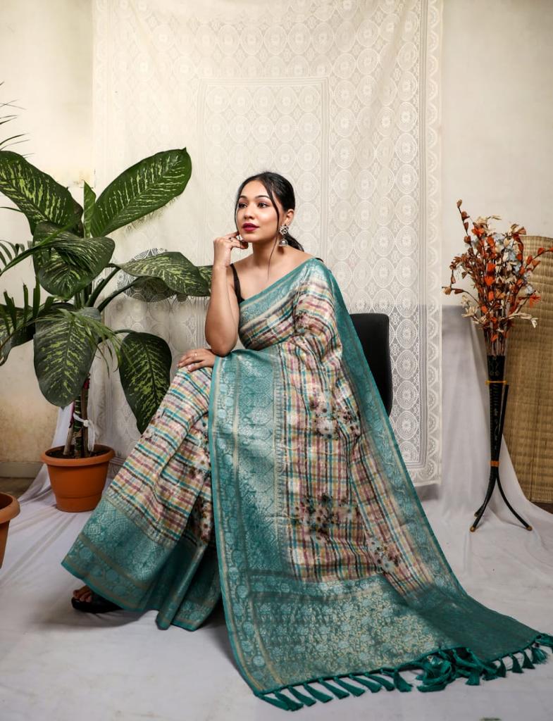 Multi With Sky Blue Border Silver Weaving Silk Saree