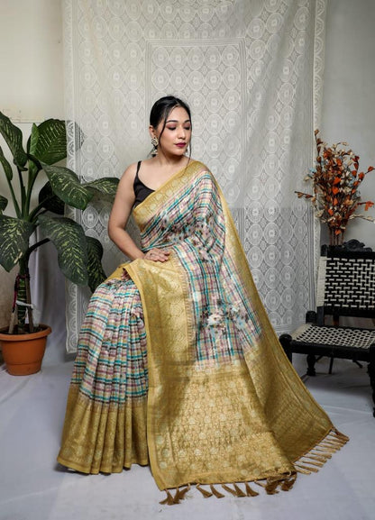 Multi With Mustard Border Silver Weaving Silk Saree