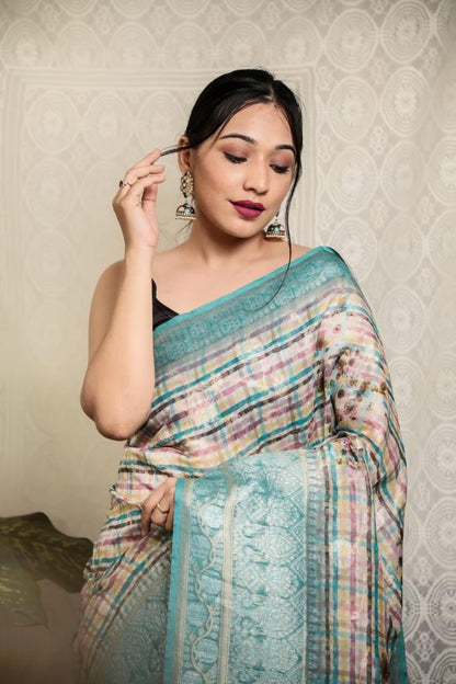 Multi With Sky Blue Border Silver Weaving Silk Saree