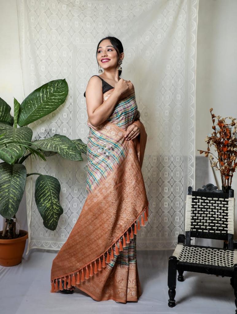 Multi With Peach Border Silver Weaving Silk Saree