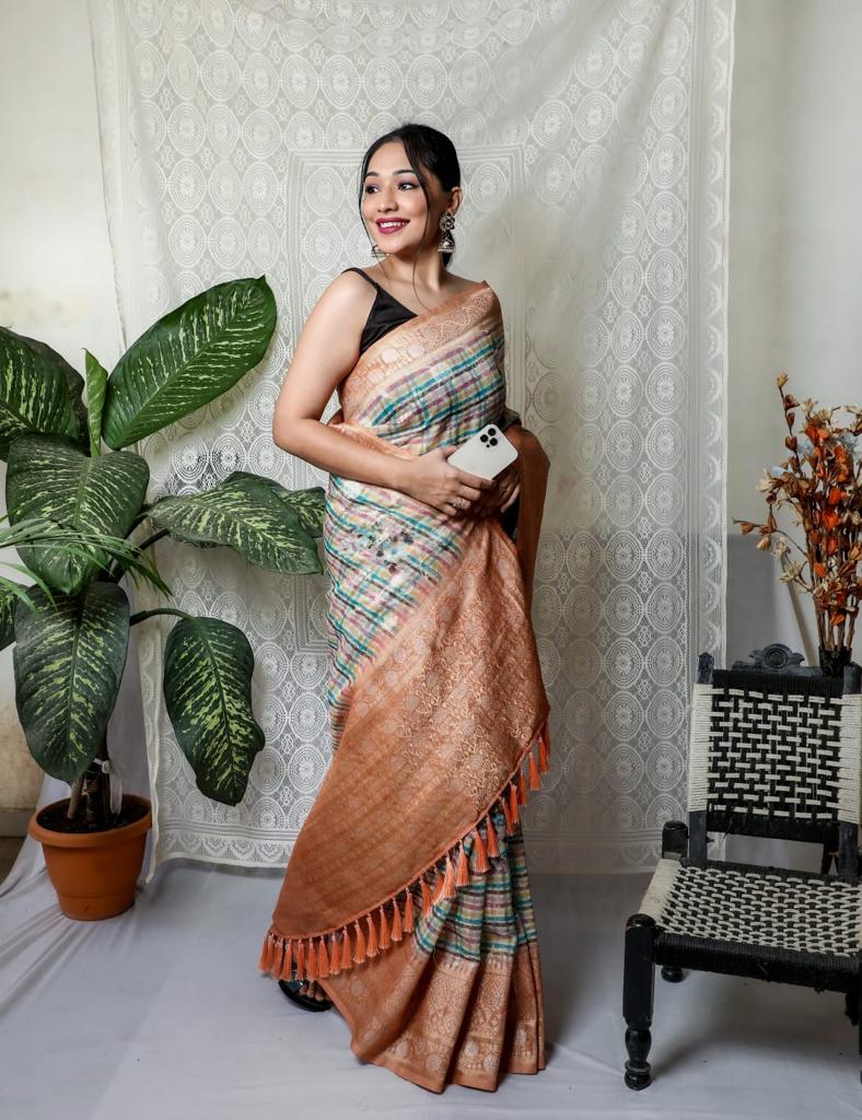 Multi With Peach Border Silver Weaving Silk Saree