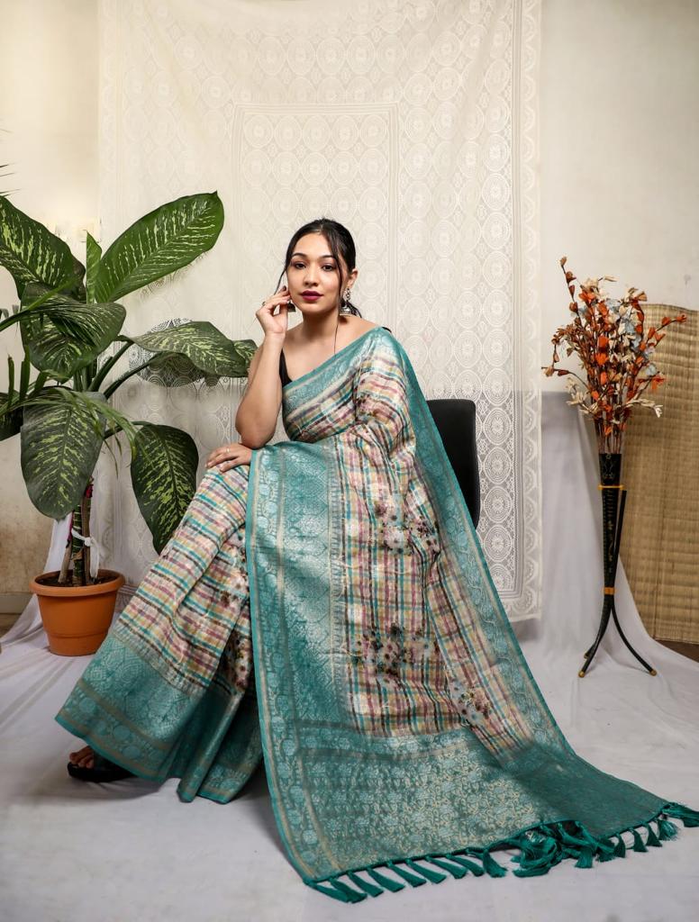 Multi With Sky Blue Border Silver Weaving Silk Saree