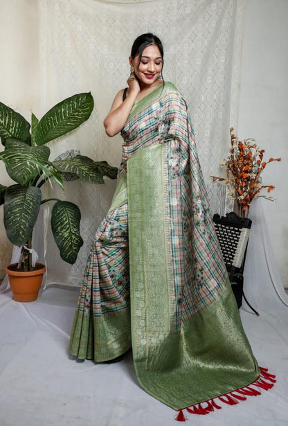 Multi With Green Border Silver Weaving Silk Saree