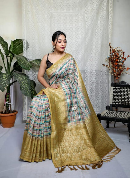 Multi With Mustard Border Silver Weaving Silk Saree