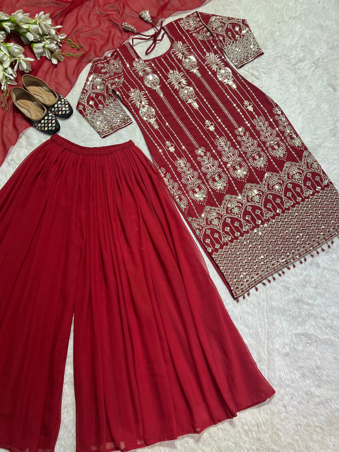 Latest Designer Heavy Fuax Georgette With Heavy 5mm Embroidery Sequence Work Plazzo Suit