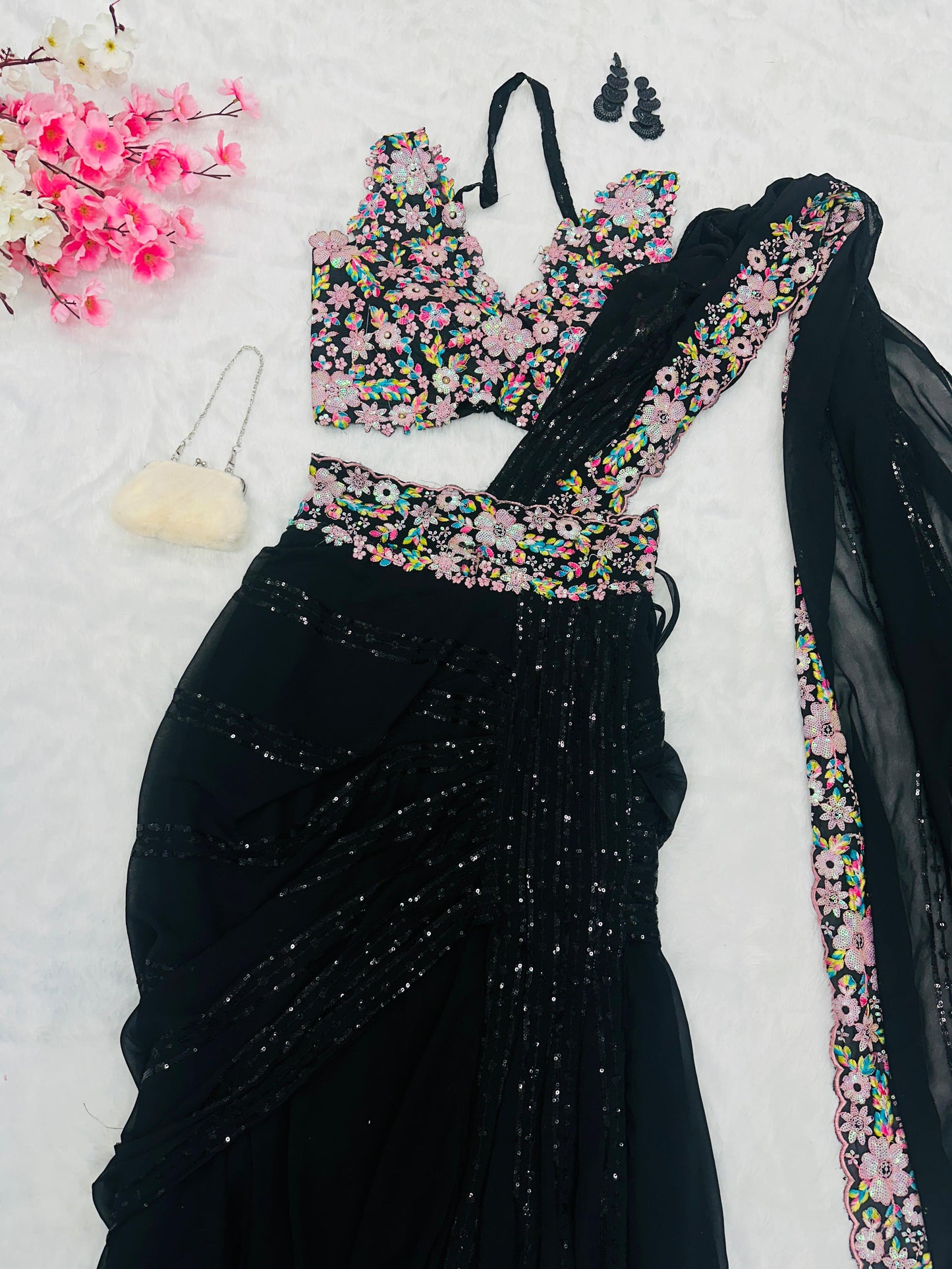 Designer Multi Thread Work Black Ready To Wear Saree