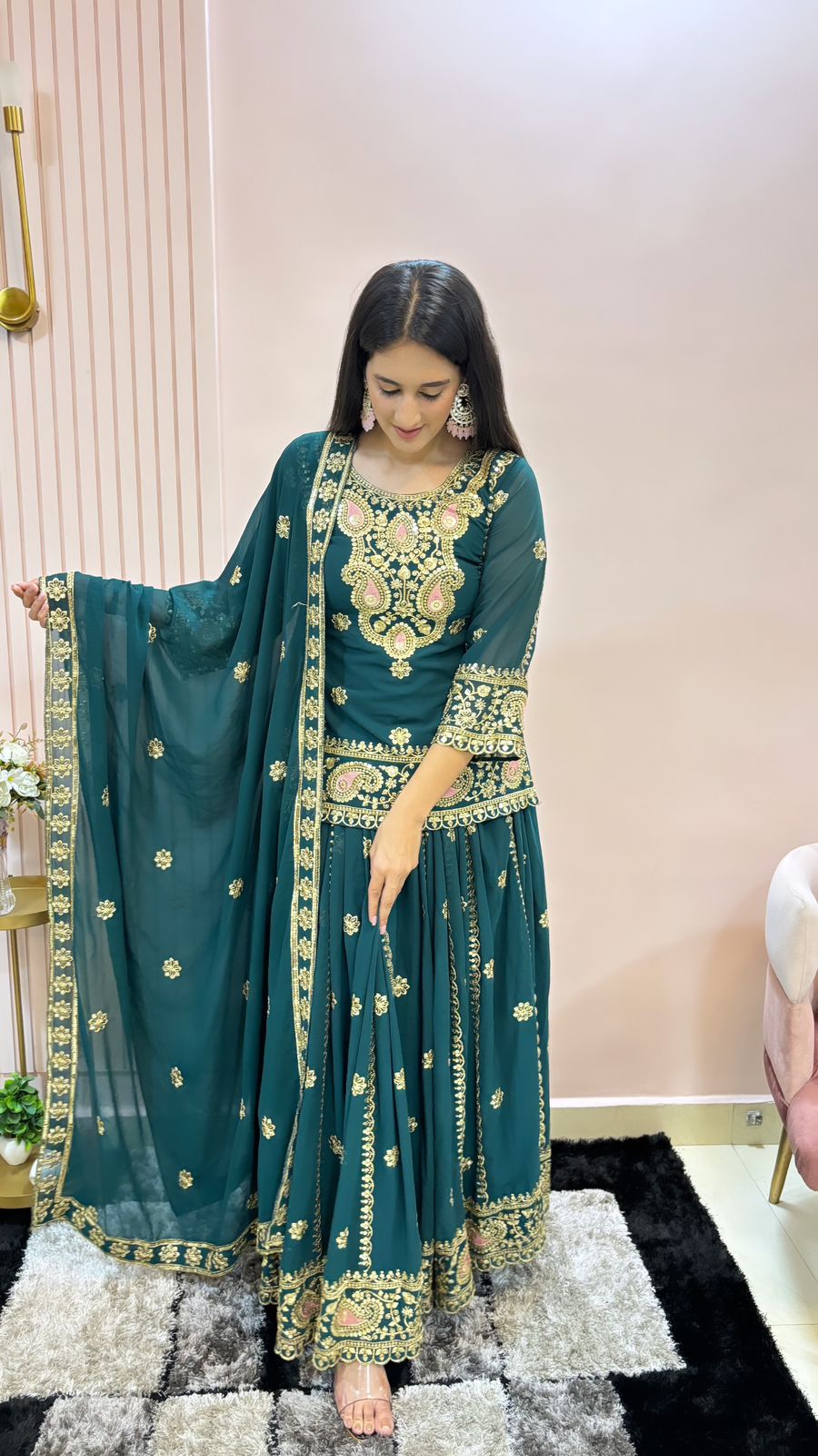 Exclusive Teal Green Full Work Top With Lehenga