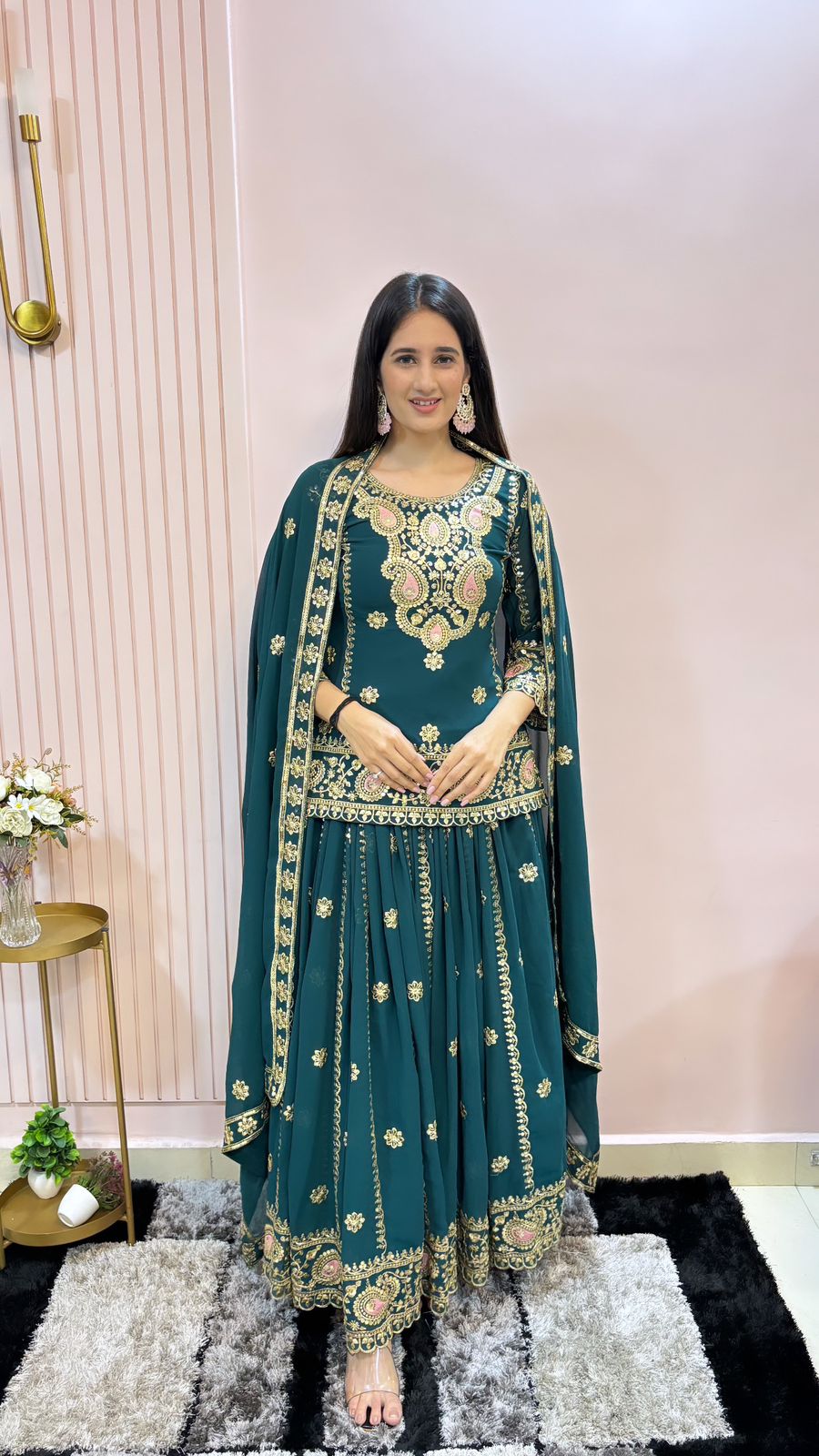 Exclusive Teal Green Full Work Top With Lehenga