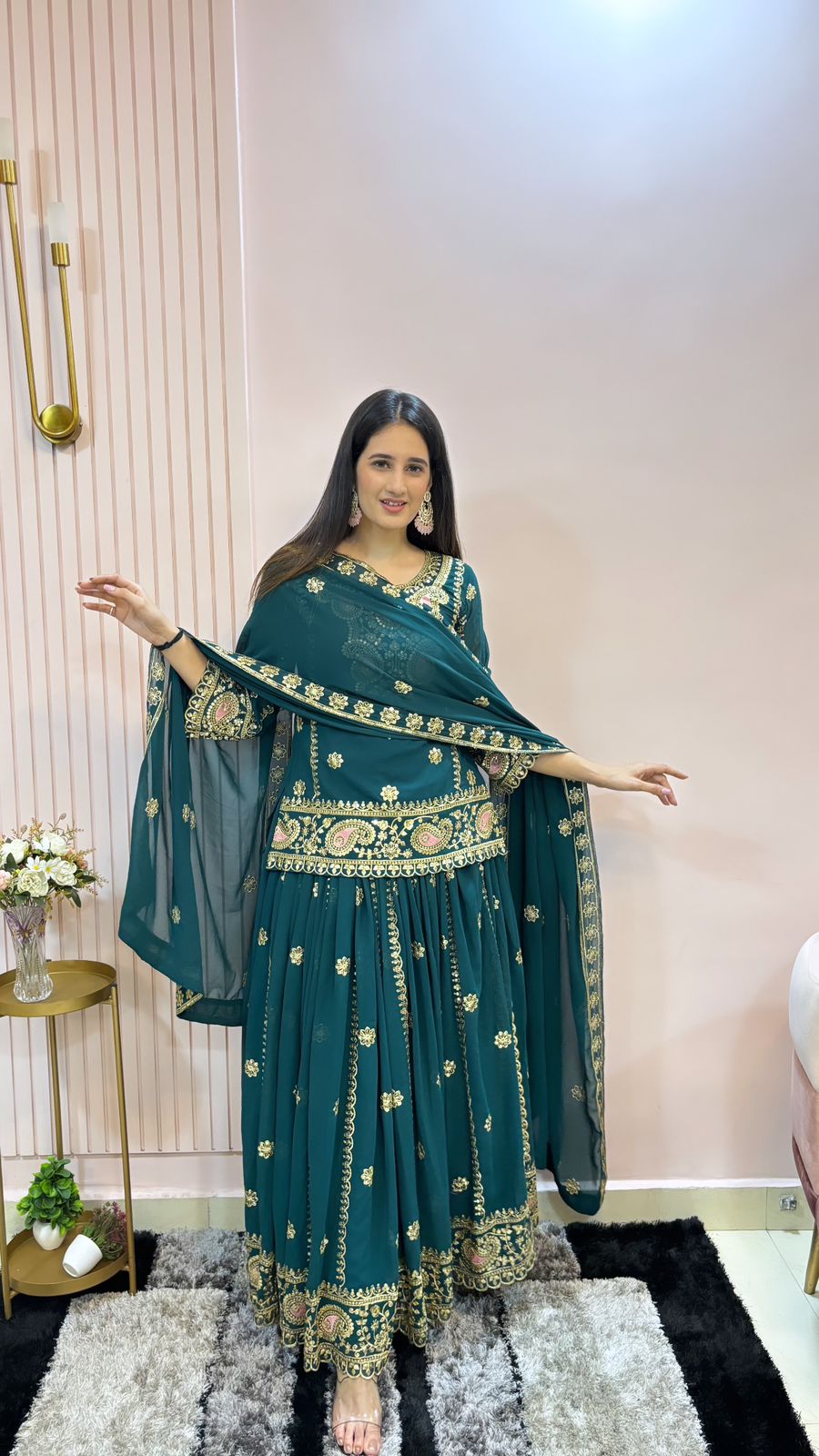 Exclusive Teal Green Full Work Top With Lehenga