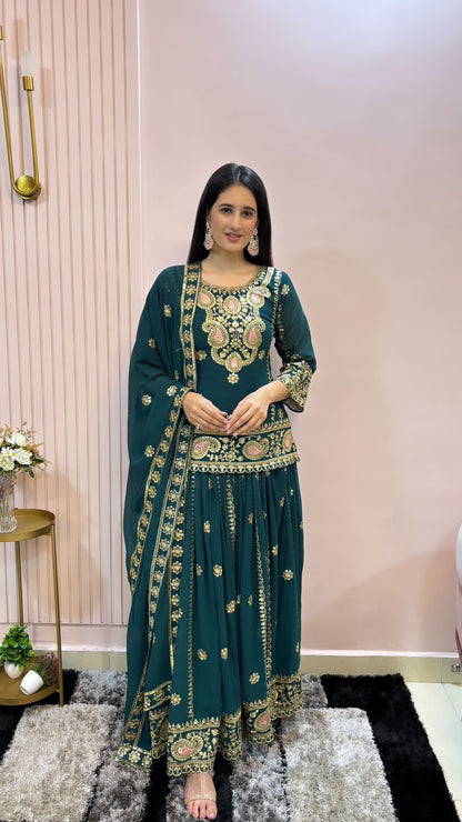 Exclusive Teal Green Full Work Top With Lehenga