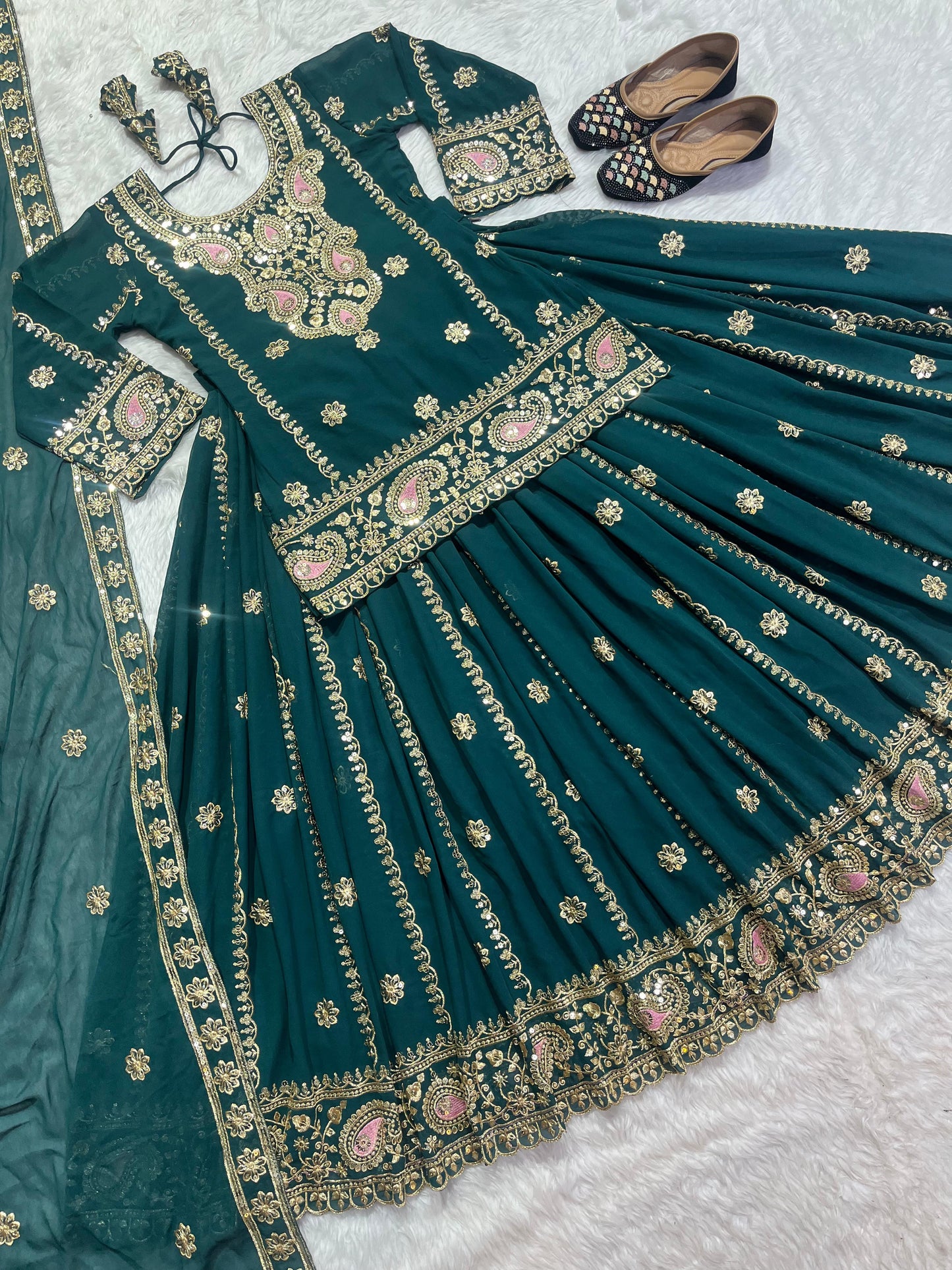 Exclusive Teal Green Full Work Top With Lehenga