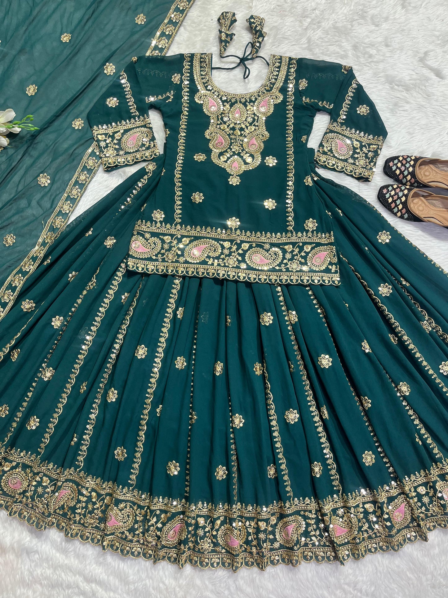 Exclusive Teal Green Full Work Top With Lehenga