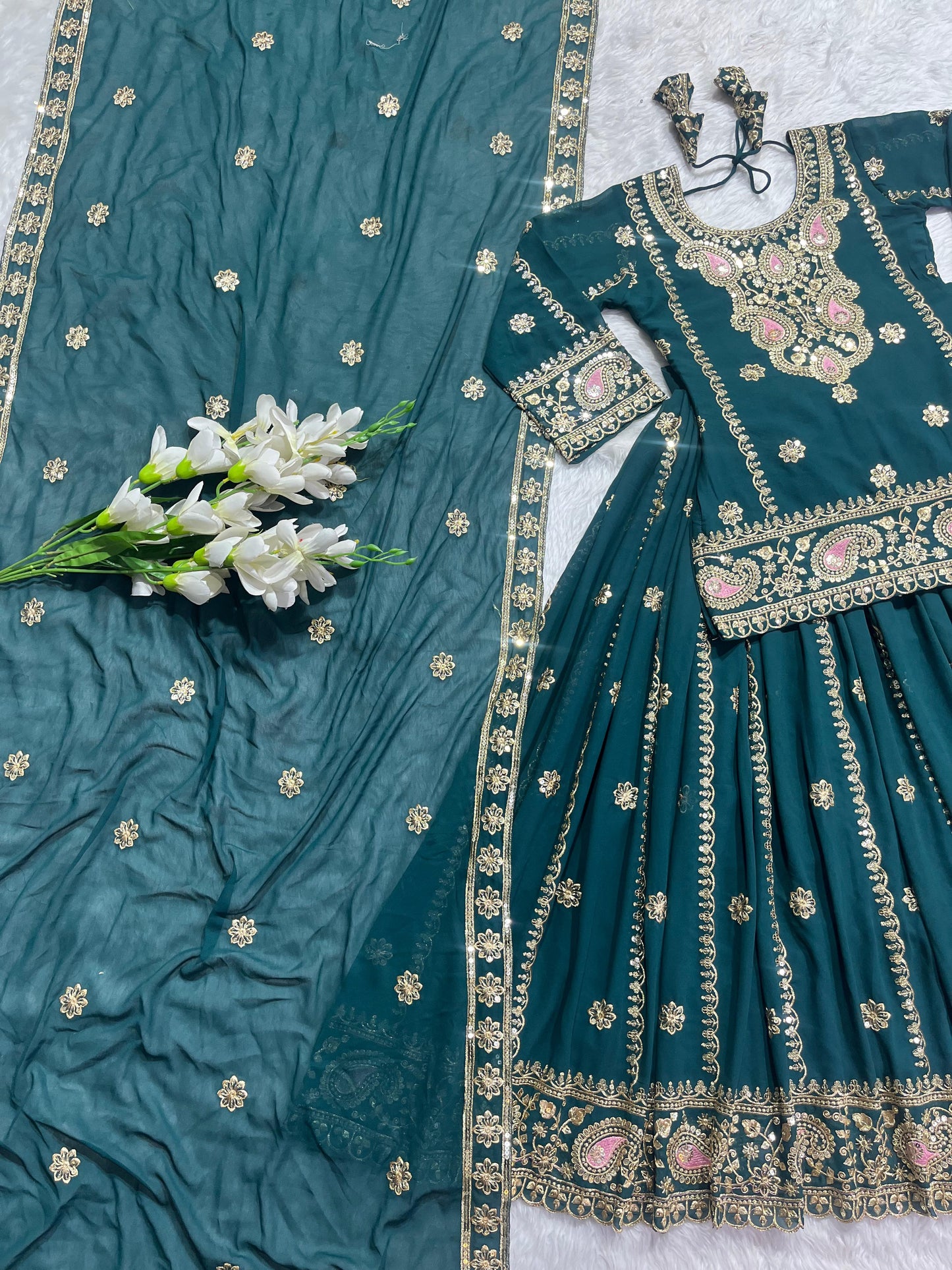 Exclusive Teal Green Full Work Top With Lehenga