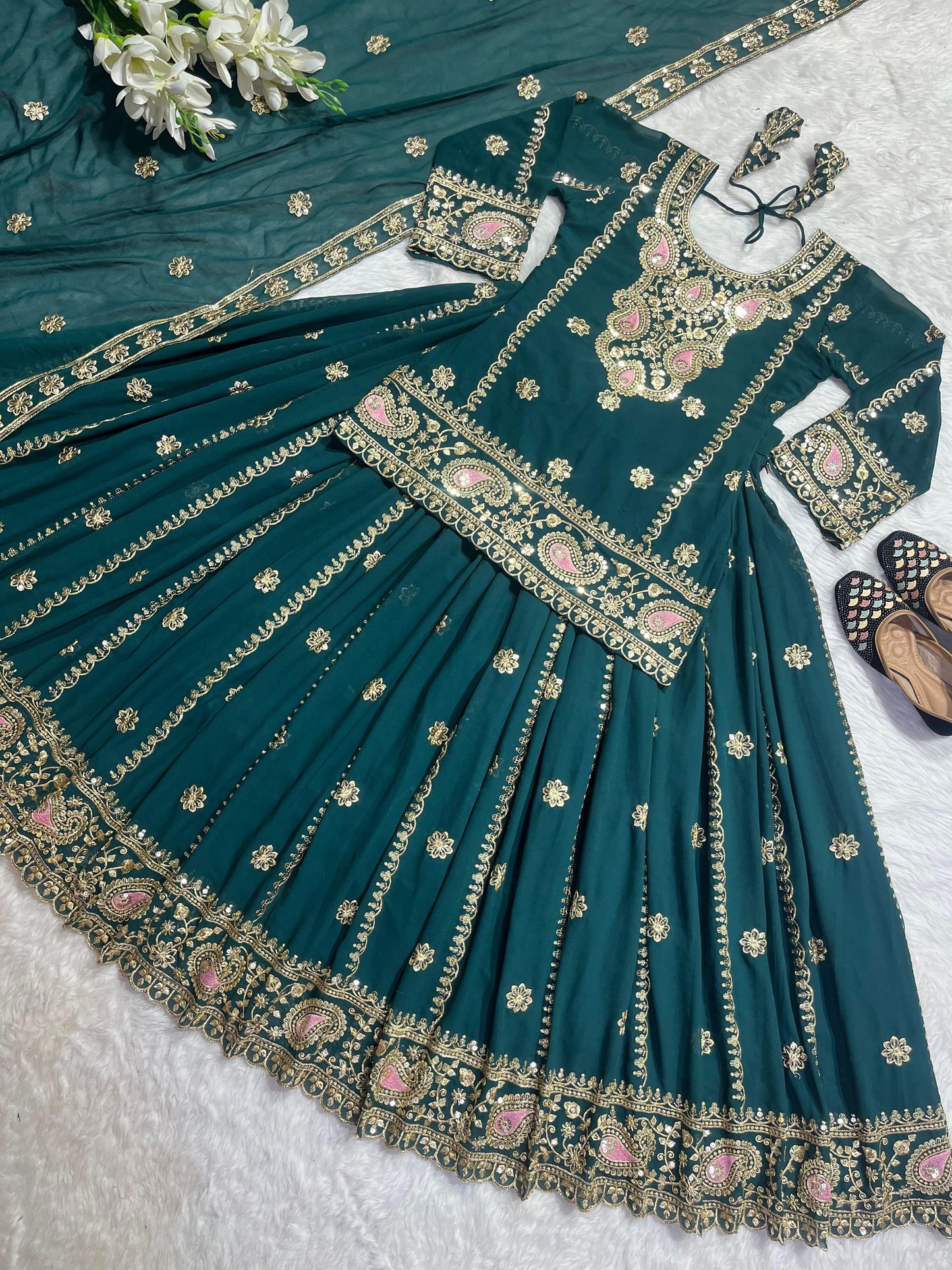 Exclusive Teal Green Full Work Top With Lehenga