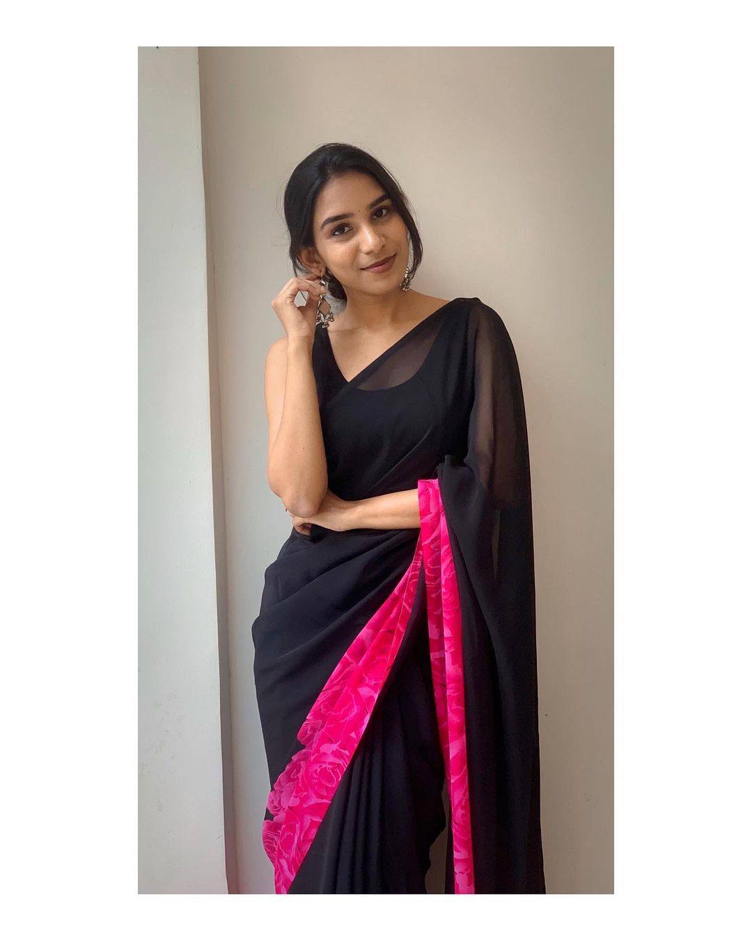 Pink Flower Design Border Black Ready To Wear Saree