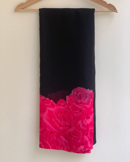 Pink Flower Design Border Black Ready To Wear Saree