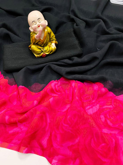 Pink Flower Design Border Black Ready To Wear Saree