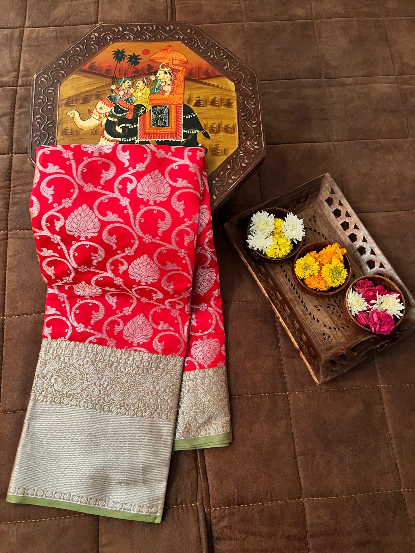 Red With Heavy Border Zari Work Traditional Saree