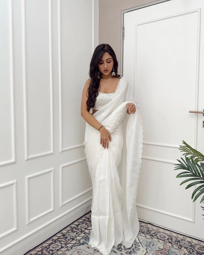 Ready To Wear White Saree With Sequence Work Blouse