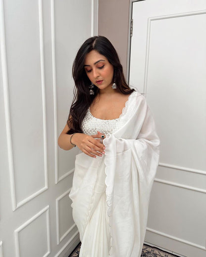 Ready To Wear White Saree With Sequence Work Blouse