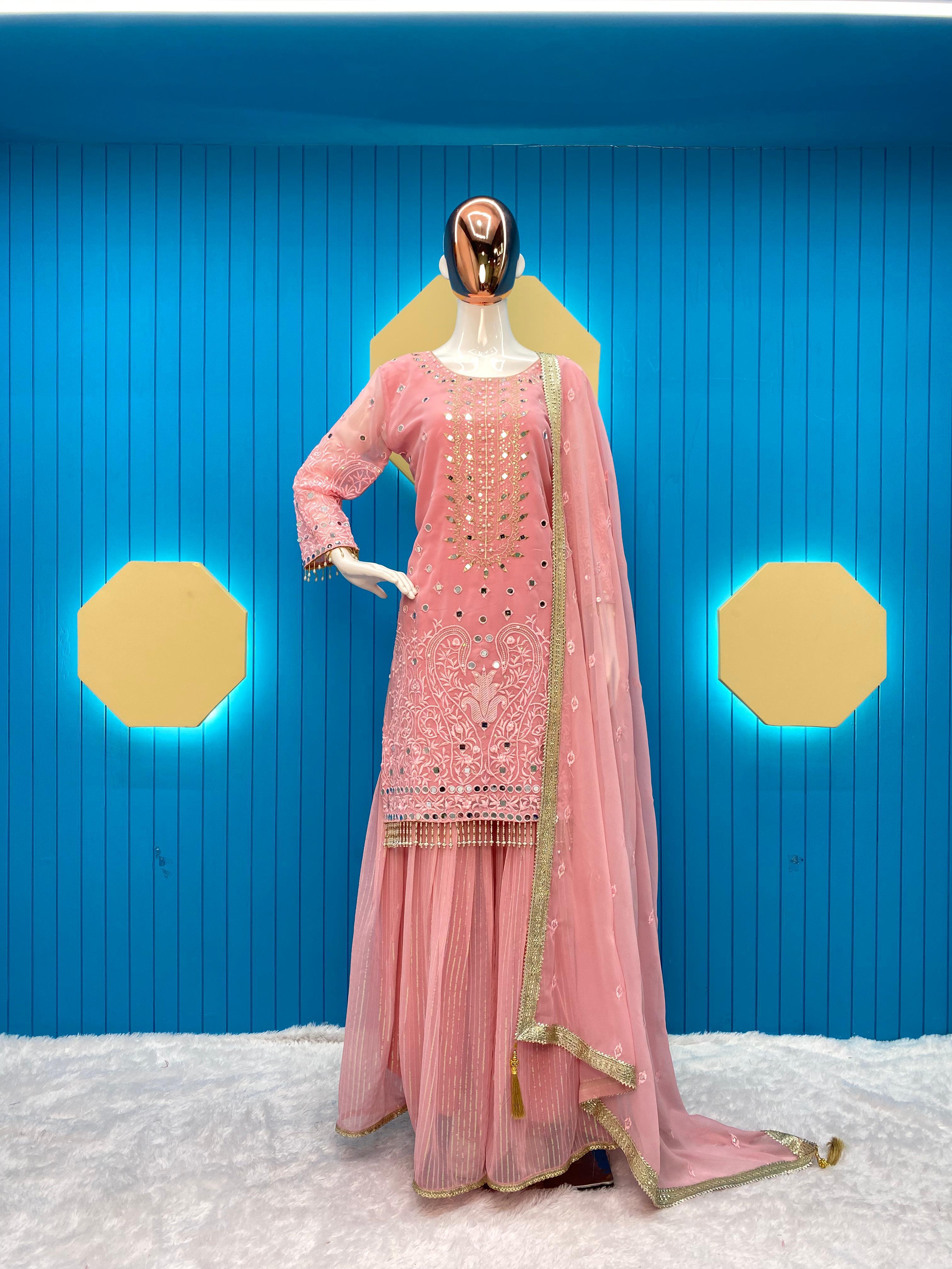 Designer Heavy Work Pink Color Full Flair Sharara Suit