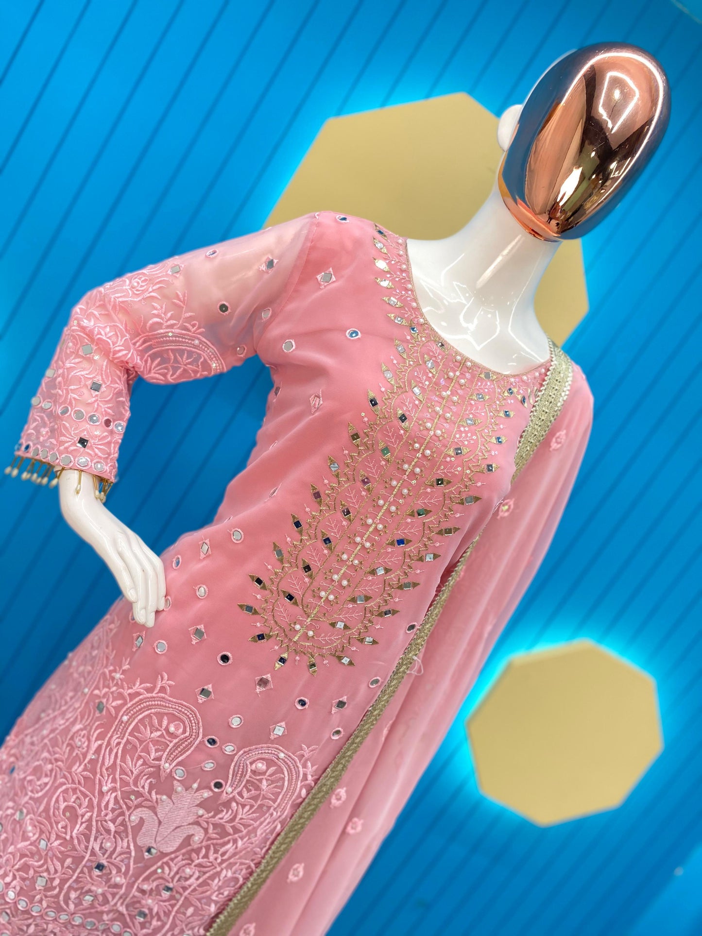 Designer Heavy Work Pink Color Full Flair Sharara Suit