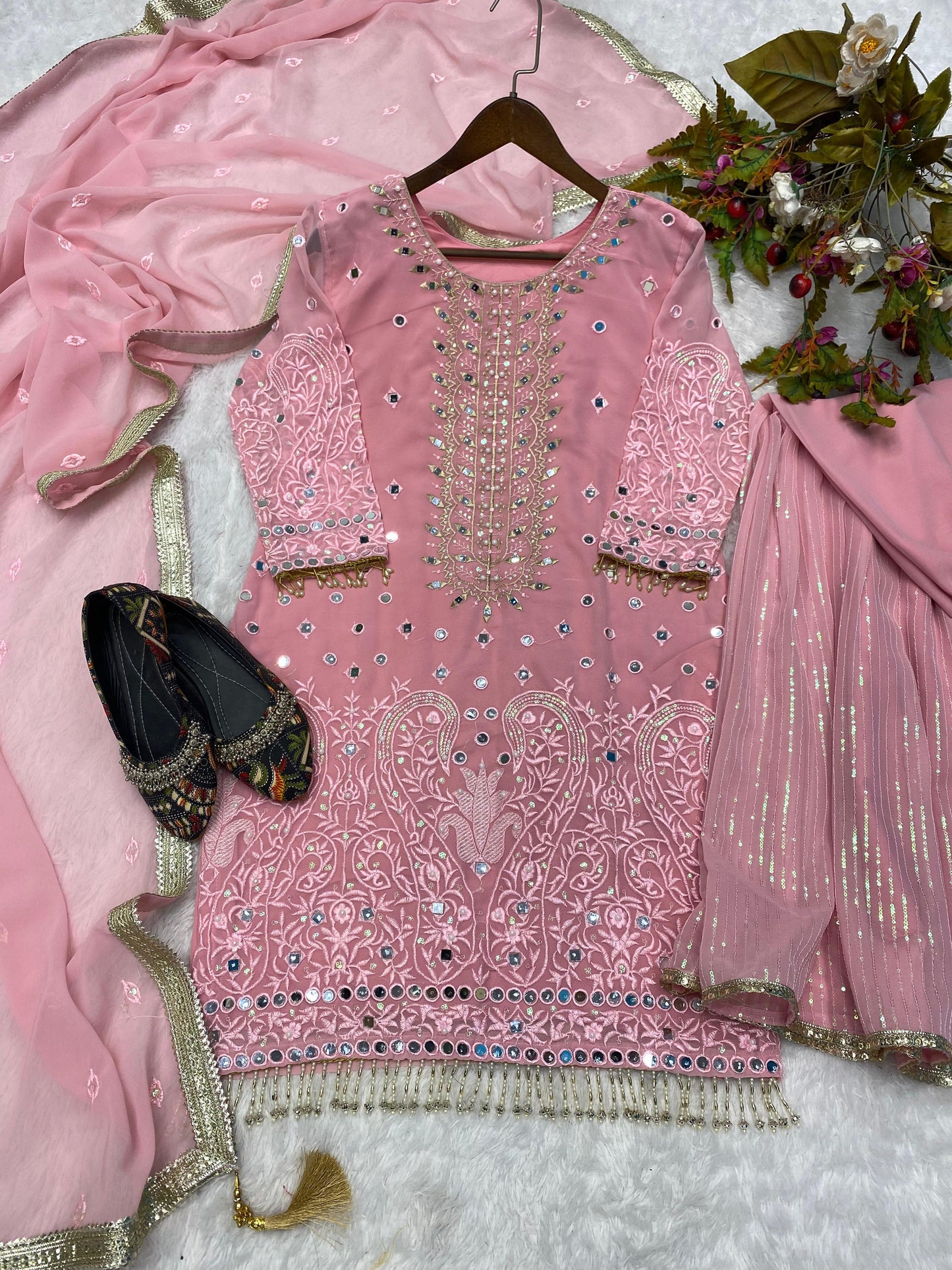 Designer Heavy Work Pink Color Full Flair Sharara Suit