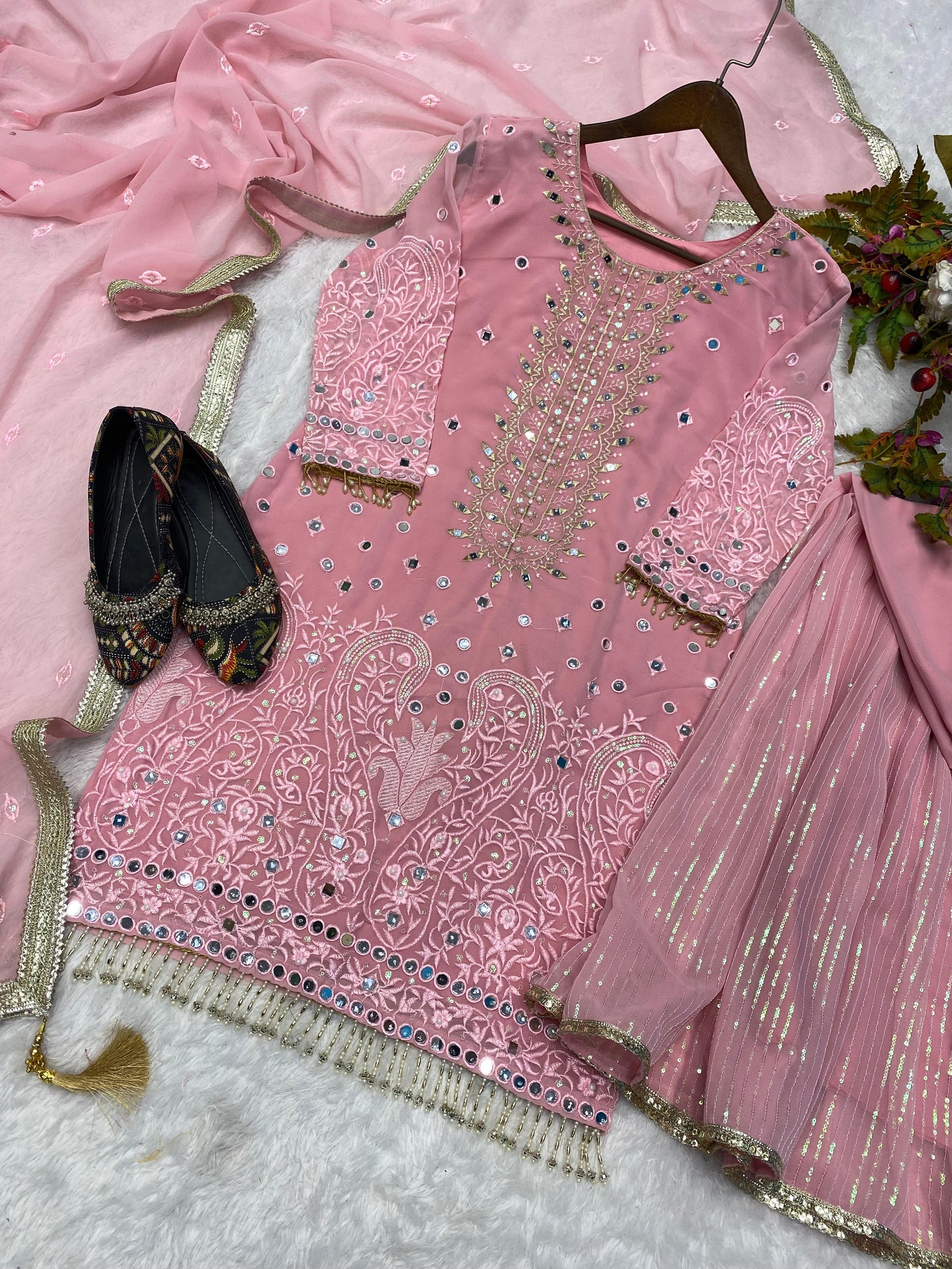 Designer Heavy Work Pink Color Full Flair Sharara Suit